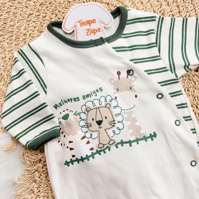 Macacão Malha Trape Zape - Melhores Amigos - Verde Musgo e Off White